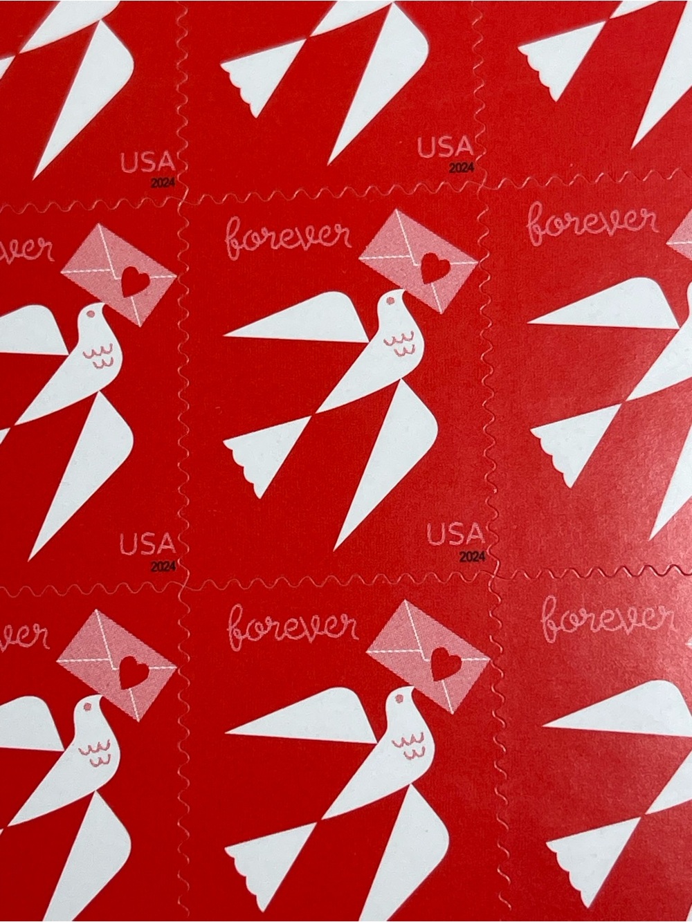 FIVE (5) LOVE Forever Stamp Sheets White Bird Pink Envelope Wedding -100 stamps